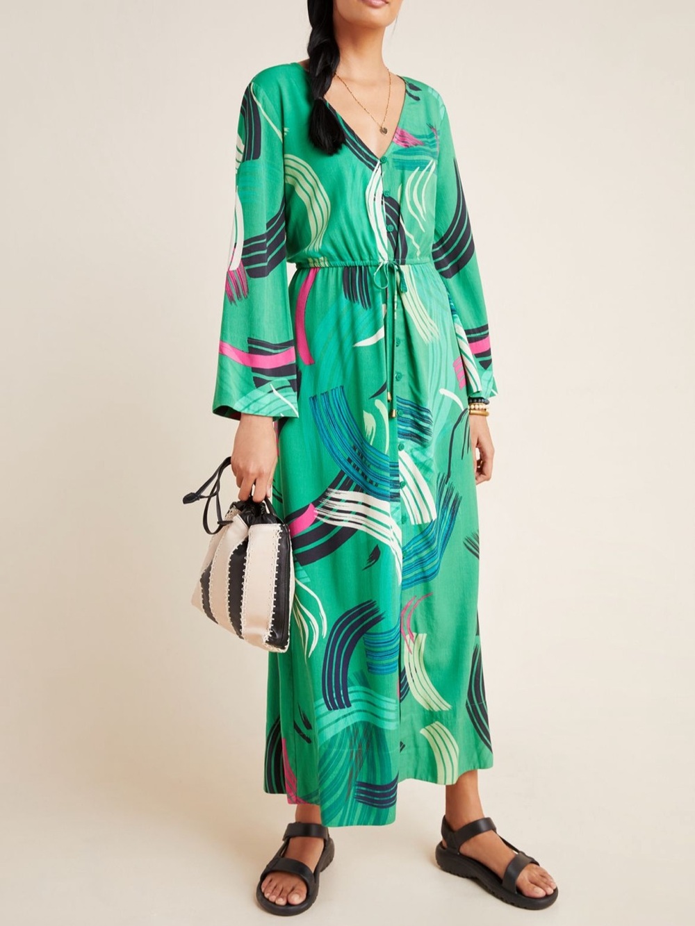 Abstract Green V-Neck Tie-Waist Maxi Dress